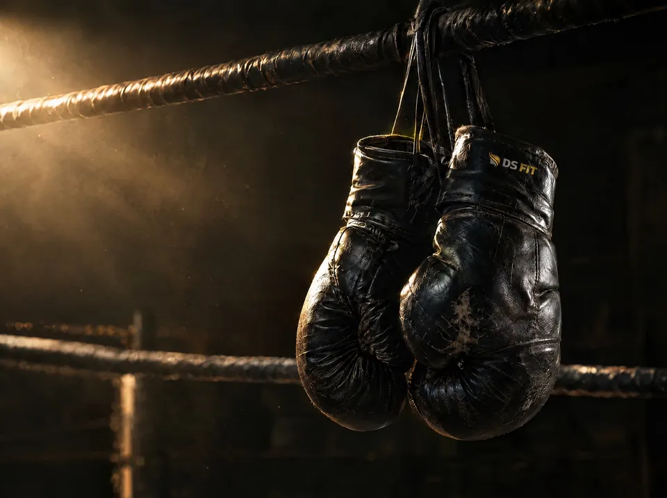 Boxhandschuhe mit DS-FIT-Logo hängen am Ringseil
