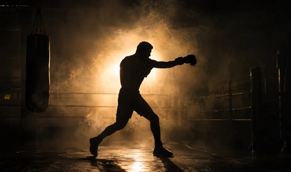Boxer-Silhouette im Gegenlicht