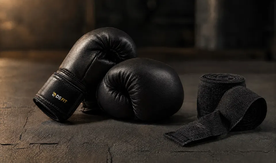 Schwarze Boxhandschuhe mit DS-FIT-Logo am Klettverschluss