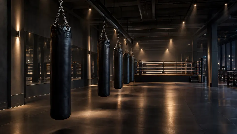 Blick in die Box Arena mit Sandsäcken und Ring