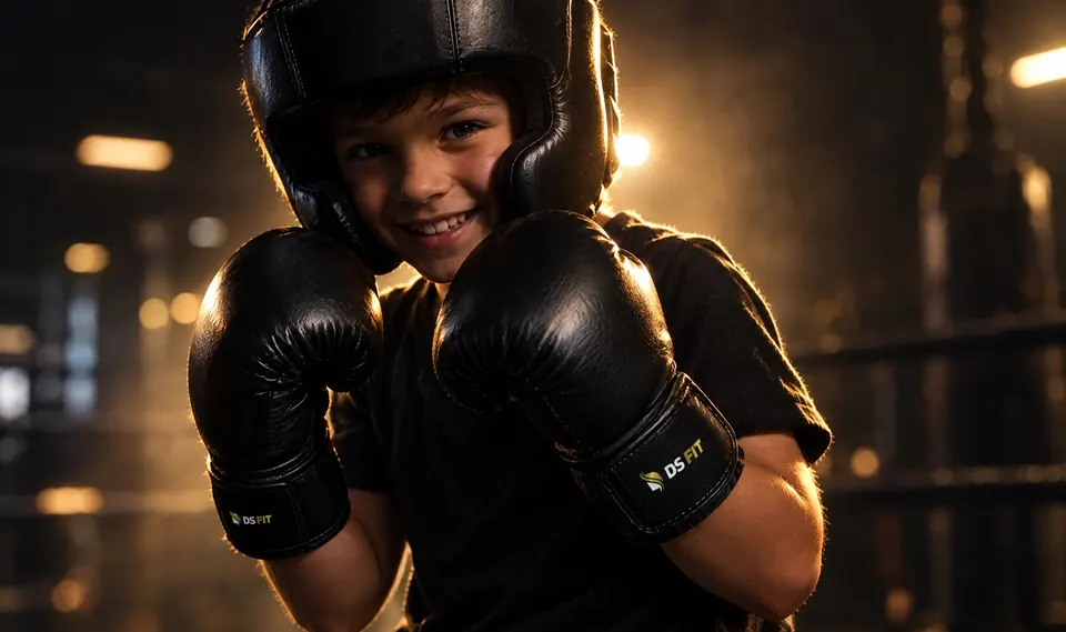 Kind mit Kopfschutz und Boxhandschuhen in Boxhaltung